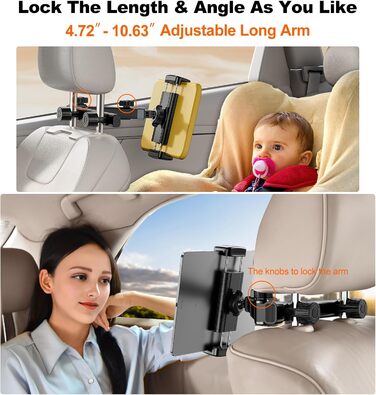 Тримач для планшета в авто, [алюмінієвий довгий кріплення] Тримач для планшету на підголівник авто, [надійно фіксується] Тримач для iPad в авто, чорний, H2