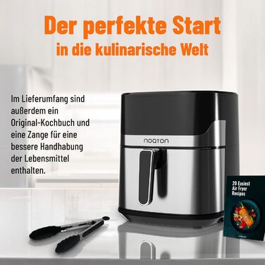 Фритюрниця Noaton з гарячим повітрям 6,2 л, цифровий Air Fryer, 8 програм, 1600 Вт, без олії, регулювання температури 80-200°C, з кулінарною книгою та кухонними щипцями, компактна