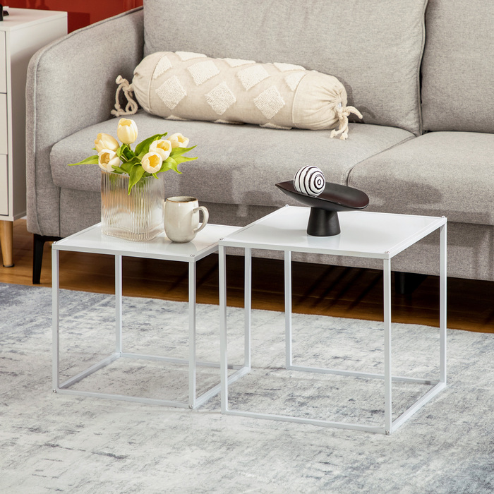 HOMCOM 2-Piece Coffee Table Set, Square Side Table, Coffee Table with Steel Frame, Sofa Table in Modern Design, for Living Room, Holds up to 10 kg, White | Aosom
