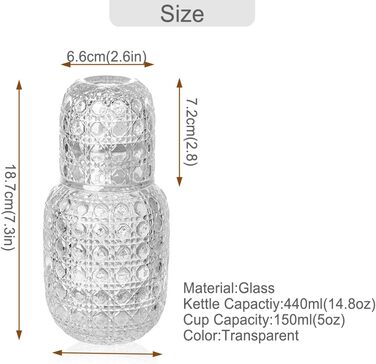 Vintage Water Carafe, Nightstand Water Carafe and Glass Set, Carafe with Glass Beaker for Nightstand, Thick Glass Mouthwash Decanter for Bedroom, Guest Room, Bathroom, Kitchen, 440ml (Transparent)