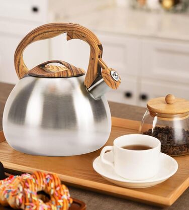 Чайник-свисток Foedo з нержавіючої сталі з дерев'яною обробкою, 3.2 л, для чаю, води, кави та молока, класичний дизайн, червоний (срібний)