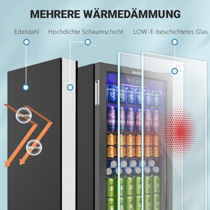 Міні-холодильник EUHOMY на 126 банок з дверцятами зі скла, чорний, з регульованими полицями, 90л, для дому/бару/офісу