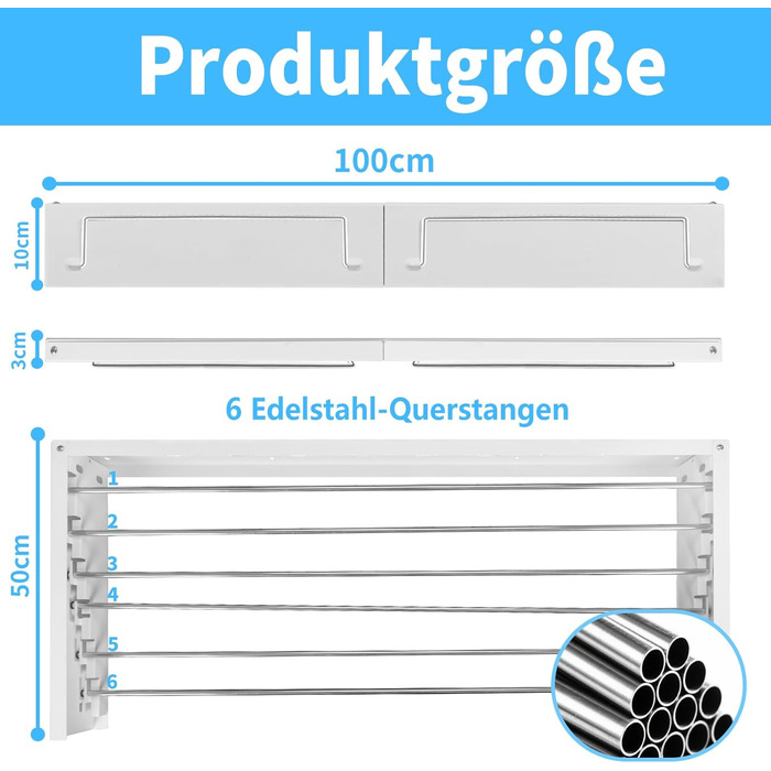 Настінний сушильник для білизни з довгими стрижнями, 5 ліній сушіння, розкладний, для ванної кімнати та вулиці (білий, 100 см)