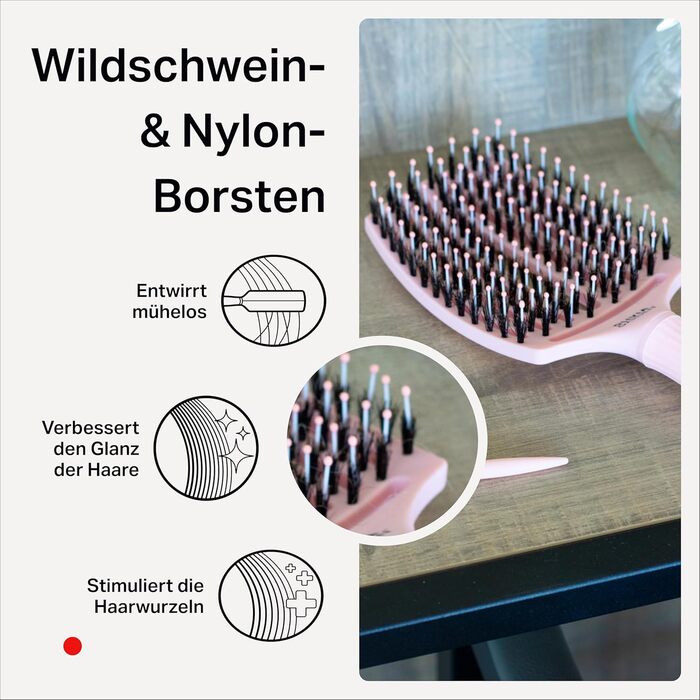 Щітка для волосся Olivia Garden Care Iconic з щетиною кабана та нейлону - для блиску та гладкого укладання (Пастельно-рожевий, Large)