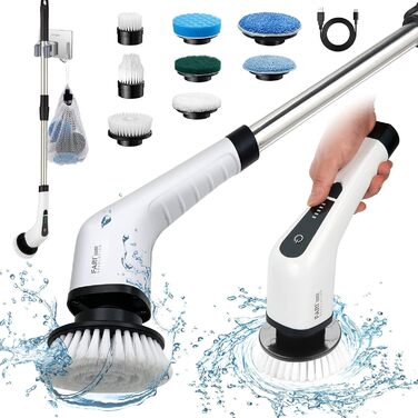 Electric Cleaning Brush, FARI Shower Cleaning Brush with 8 Interchangeable Drill Brush Heads, Cordless Scrubber with Adjustable Handle, Bathroom and Shower Cleaner