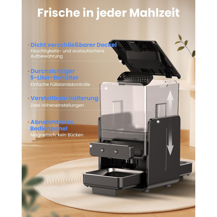 Автомат годування котів з App-керуванням, для 2 котів, регульована висота, 2 миски, 5-літровий бункер, з функцією запису голосу, таймер, WiFi