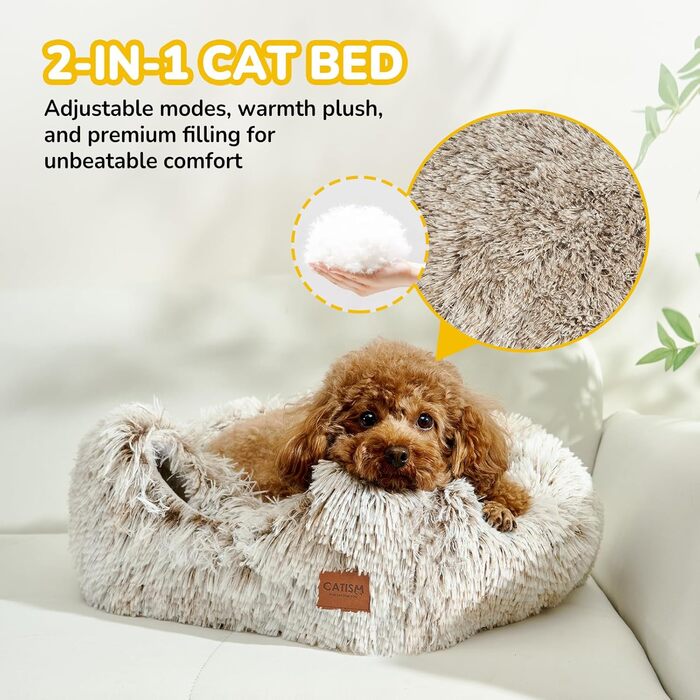 Cat Cave Cat Bed Cat House Cozy Cave 40x40cm Foldable Washable Comfortable Cat Sleeping Place for Cats Kittens Puppies with Removable Cat Head Pillow Beige (Coffee Brown-L)