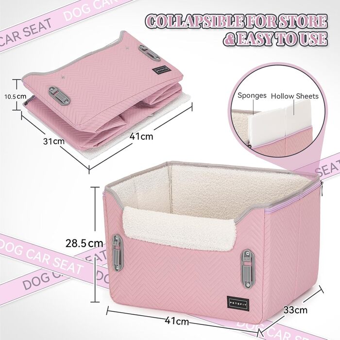 Автомобільний лежак для собак Petsfit - зручний та безпечний крісло-кошик для маленьких собак з кріпленням для ременя безпеки та знімним м'яким подушечкою (рожевий/сірий)