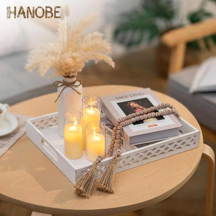 Hanobe Serving Tray Wooden Tray Decor Tray: Rectangular farmhouse decor tray wood white with handle white candle tray for coffee table tealight kitchen table