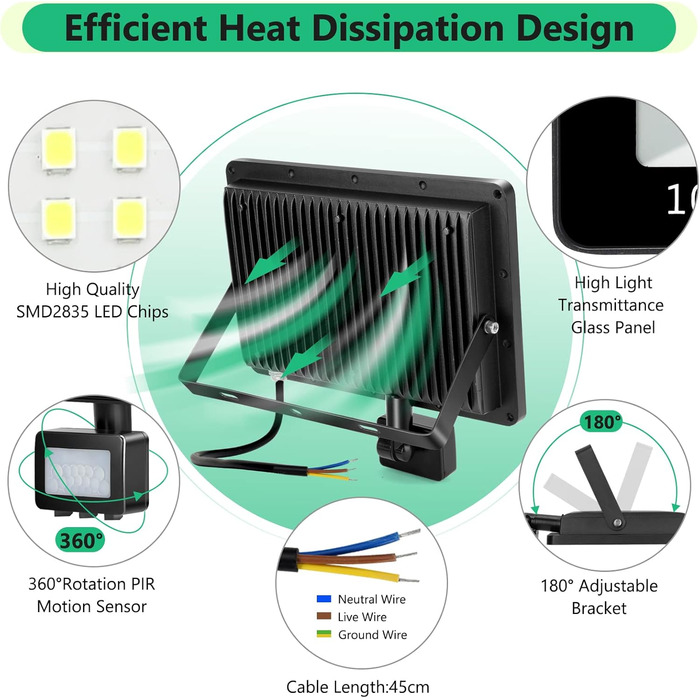 Світлодіодний прожектор TASINUO 100W з датчиком руху для вулиці, 10000Лм, 7000K, IP67, водонепроникний LED ліхтар для саду, гаража, навісу, двору, підвалу, спортзалу