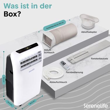 Мобільний кондиціонер SereneLife 9000 BTU з виносним шлангом. 3-в-1: кондиціонер, вентилятор, осушувач повітря. Підходить для кімнат до 42 м². Білий.