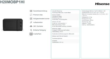 Мікрохвильова піч Hisense H20MOBS4HI 20 л з InverterTech, керамічним покриттям та дитячим блокуванням (чорний)