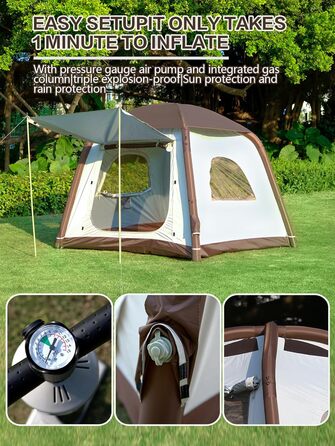 Надувний кемпінговий намет Glamping для 2/4/6/8 осіб 2025: швидкий монтаж, захист від дощу та москітної сітки, коричнево-бежевий