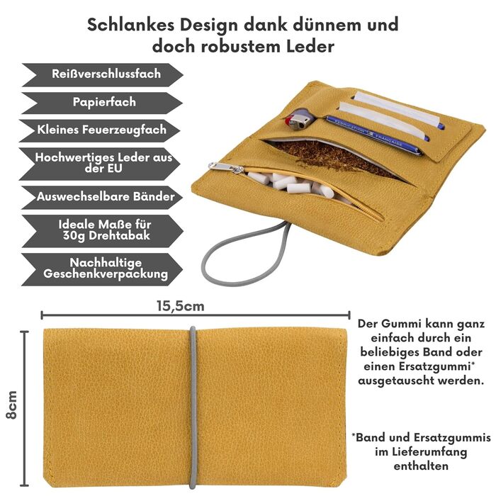 Simaru Tobacco Pouch made of high-quality genuine leather for 30g tobacco pouches, genuine leather rolling pouch/rolling tobacco pouch including a filter compartment and pellet holder (Amber)