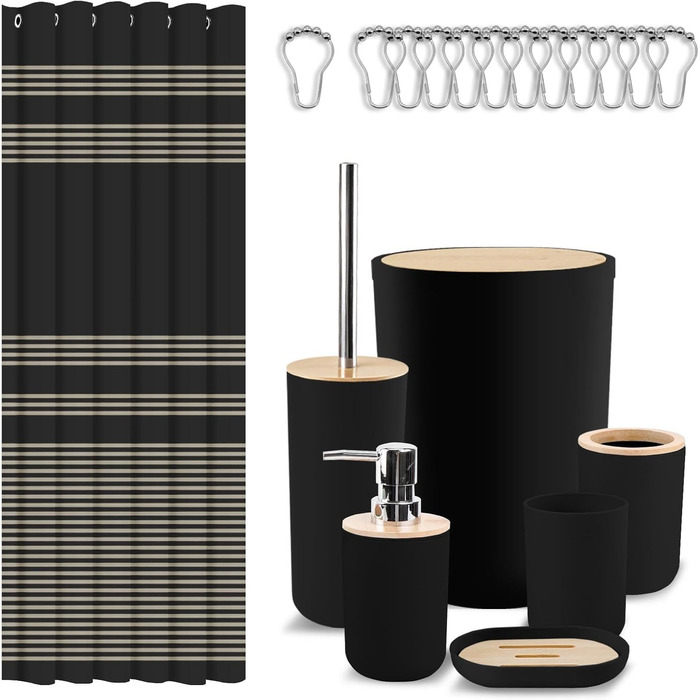 Набір аксесуарів для ванної кімнати Britimes, чорний: шторка для душу, сміттєвий бак, дозатор мила, тримач для унітазу, тримач для зубних щіток та стаканчик для зубних щіток