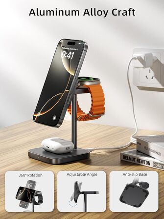 LULULOOK Qi2 Магсейф Зарядна Станція 3 в 1 з Алюмінію для Apple Watch та iPhone, 15W Швидка Зарядка (17 Pro Max/17 Pro/17 Air/17), 5W для Apple Watch Ultra, AirPods, Титан (Сірий)