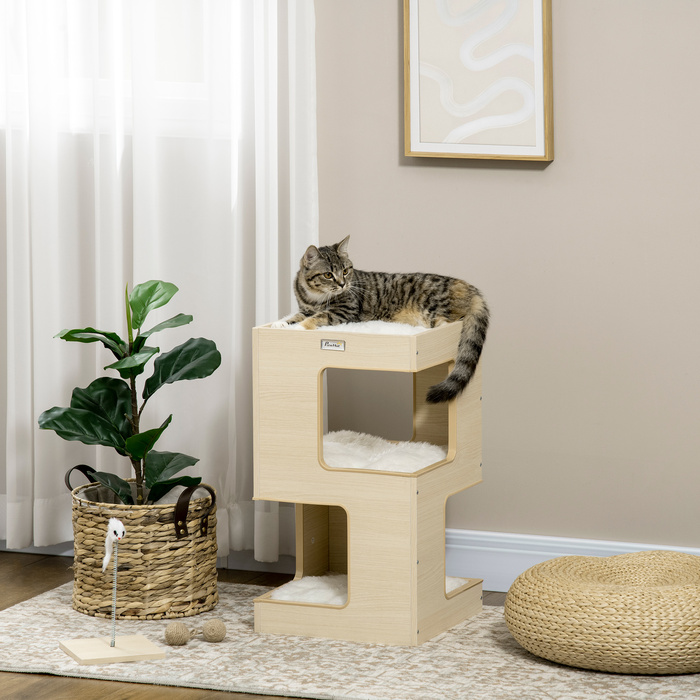 PawHut Будиночок для котів PawHut, 3-ярусний котячий шафка, закритий котячий будинок для дому з подушкою та іграшками з дуба, 34x34x60 см для любителів котів