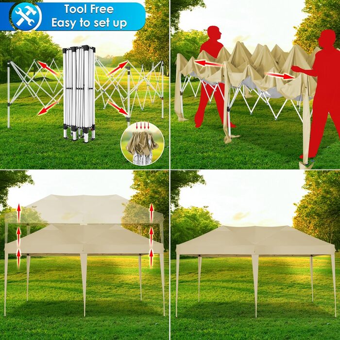 COBIZI Pavilion - Waterproof, Stable, Winter-Proof, Foldable, Pop-up Party Tent, Garden Pavilion for Beach Wedding, with 4 Side Panels, UV Protection 50+, Adjustable Height (Khaki, 3x4m)