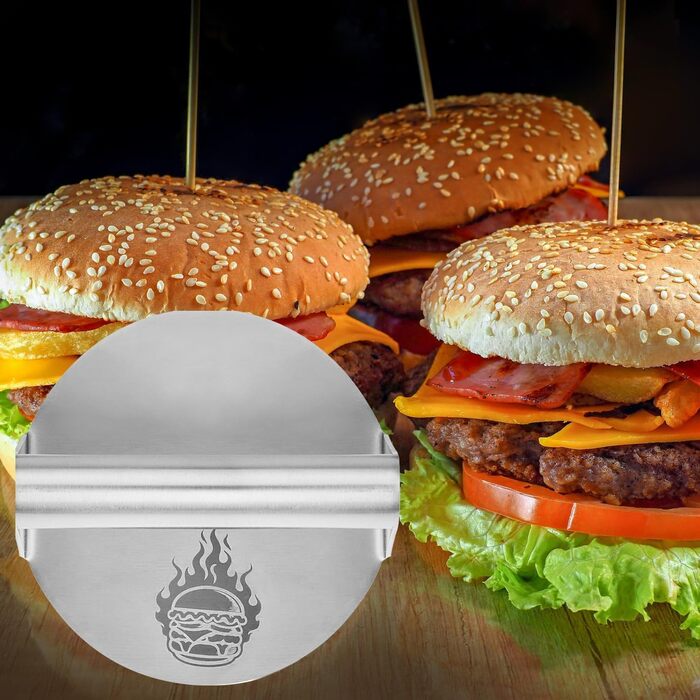 Пресс для бургерів COM-FOUR® Ø 14 см з нержавіючої сталі 430, Burger Smasher - прес для рівних котлет, придатний для миття в посудомийній машині, Fleischbeschwerer ідеально підходить для гриля та сковороди