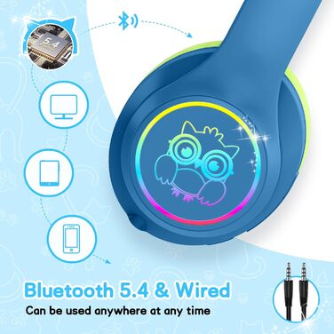 Дитячі навушники LOBKIN Bluetooth Over-Ear з чохлом, бездротові та провідні, для дівчаток, складні, регульовані, для школи, подорожей (блакитно-зелені, ANC)