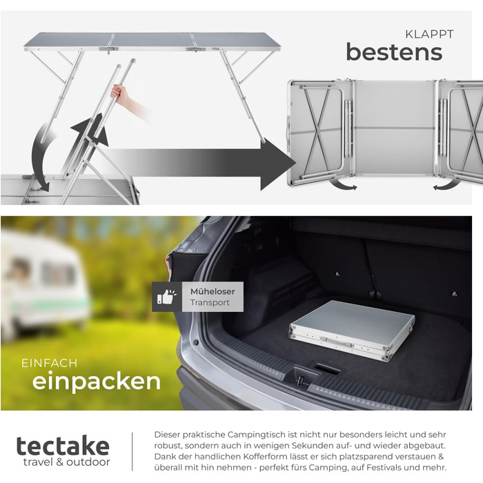 Складний алюмінієвий стіл Tectake для кемпінгу, саду та тераси 180x70x70.5 см, вологостійкий