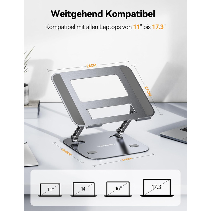 Підставка для ноутбука TECKNET регульована по висоті, ергономічна, складна, портативна з вентиляцією, сумісна з ноутбуками та планшетами 11-17.3 дюймів (сіра)