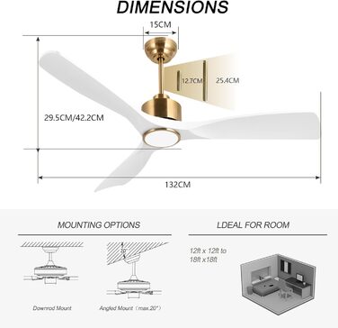 Сучасний стельовий вентилятор з підсвічуванням та пультом керування, 132 см, білий та золотий, тихий DC-двигун, сумісний з Alexa/Google Home