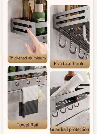 Настінна полиця для душу без свердління, сірий колір, 40x40 см. Організатор для ванної кімнати з великою місткістю та гачками