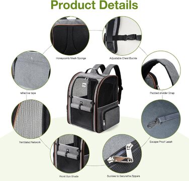 Рюкзак для котів Lekebobor, розширюваний, переноска для домашніх тварин, для маленьких собак та середніх котів до 8 кг, складаний, для подорожей та піших прогулянок, в полоску, 12.6'L x 11.2'W x 16.5'H - L (14.2'L x 11.8'W x 17.3'H - XL, СІРИЙ)