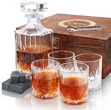 Whiskey Decanter Set, 750ml Decanter with 4 x 220ml Whiskey Glasses, 12 Stones, Beautiful Gift Box, Father's Day Gift for Men, Transparent