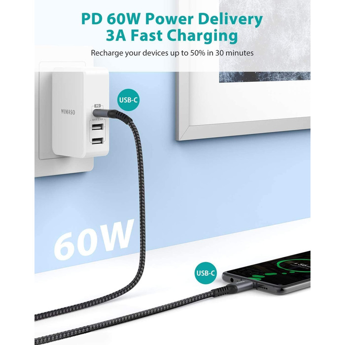 Кабель USB-C Nimaso [2 шт., 2м], 20V/3A/60W, сумісний з Samsung Galaxy, Google Pixel, MacBook, iPad, iPhone (сірий)