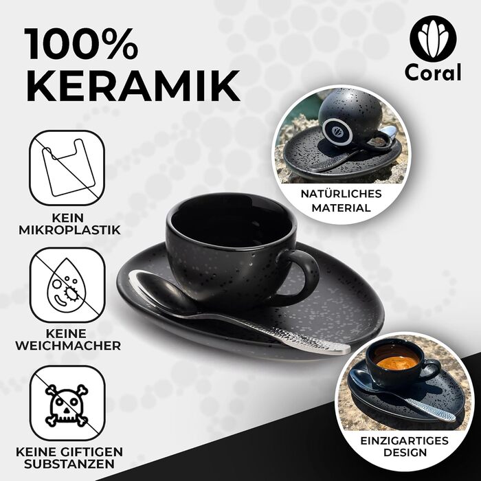 Набір кавових чашок Coral Espresso 4 шт. 90 мл, кераміка, чорний колір: чашки, блюдця та ложки