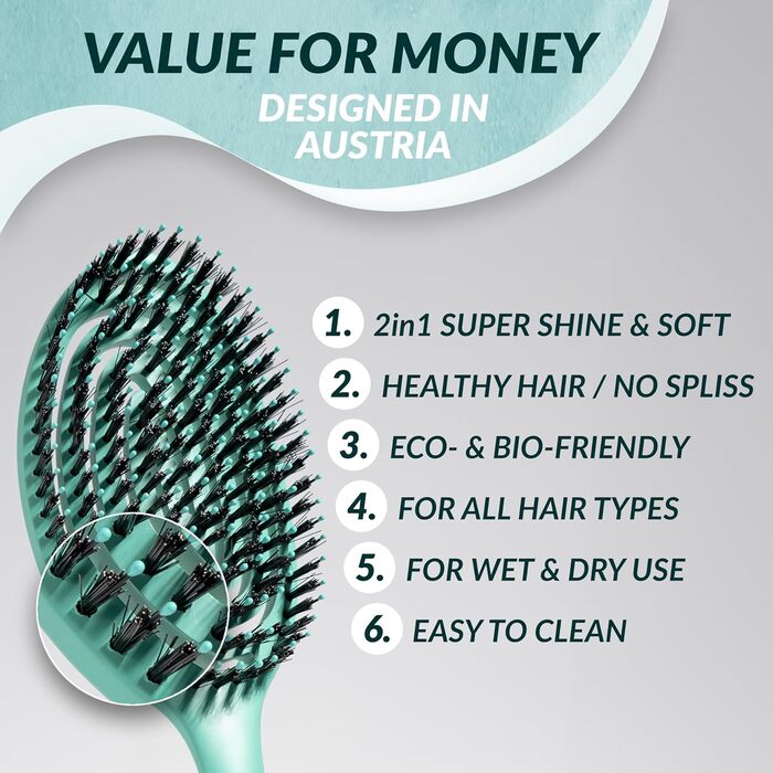 Щітка для волосся marQus Bio з щетиною дикого кабана без заплутування - розпушувач з подвійною спіральною пружиною - професійна щітка для розчісування всіх типів волосся, екологічні матеріали - для мокрого та сухого волосся, для блиску, об'єму, Blush (Aqu