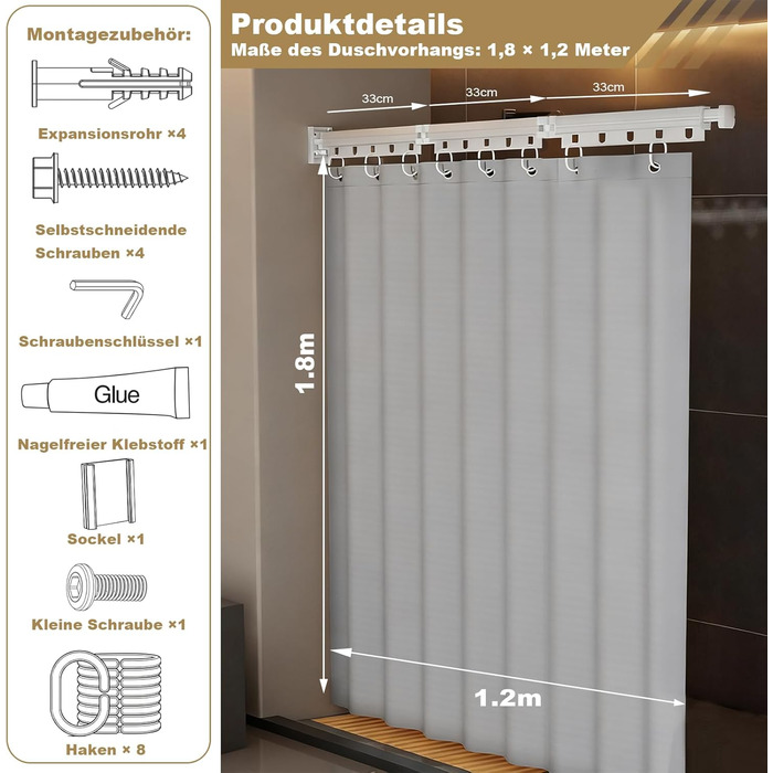 Шторка для душу з розсувною штангою без свердління, 4 секції, обертається, алюмінієвий сплав, 180x200 см, водовідштовхувальна, антигрибкова, для ванни/душової кабіни, білий/сірий (H9 x B37.5 см, 1 шт.)