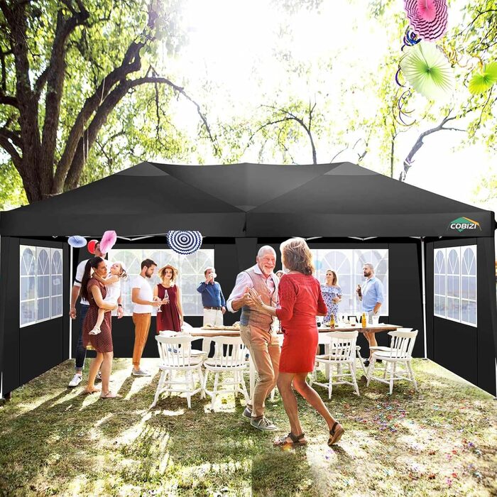 COBIZI Pavilion 3x3 Waterproof Folding Pavilion with 4 Side Panels, Outdoor Folding Pavilion, Stable UV Protection 50+, Pop-Up Garden Pavilion, Party Tent for Outdoors, Garden, Party, Wedding, Market (Black, 3x6m)