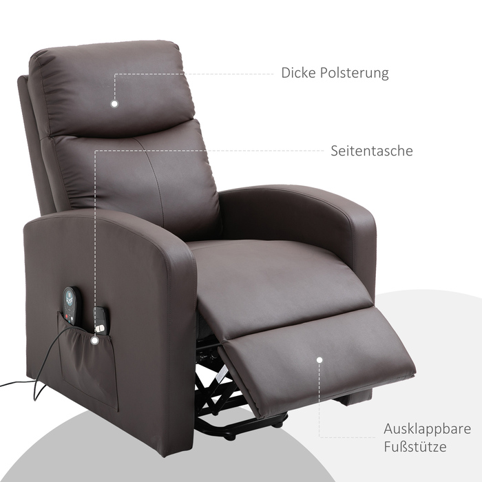 HOMCOM Recliner Chair with Rise Assist and Electric Massage Function, Reclining Function, Faux Leather, Brown, Comfortable Armchair with Remote Control