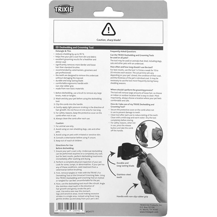 Тріксі Щітка-гребінець для вичісування та розрідження шерсті коротко- та жорсткошерстих порід - змінна головка, лезо з нержавіючої сталі, гумовий пластиковий грифель, чорний/синій, 7 x 15 см, для собак та котів