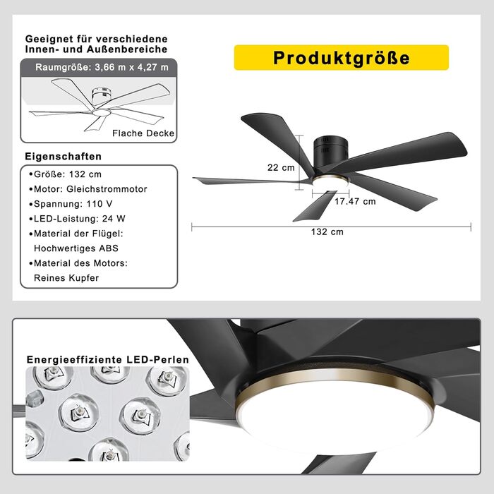 Стеляний вентилятор Ohniyou 132 см (52 дюйми) з підсвіткою, пультом та керуванням через додаток, регульована яскравість, тихий DC-двигун, для спальні, вітальні, тераси, чорний