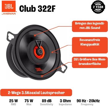 Автомобільна акустика JBL Club 322F 2-смугова, 75 Вт, 87 мм, чорна, Harman Kardon