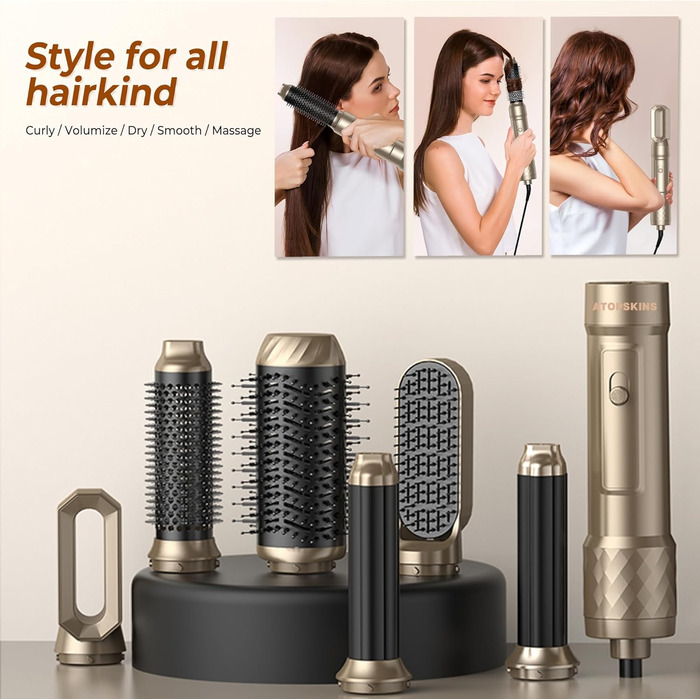 Atopskins Airstyler: Набір для укладки волосся 6-в-1 (фен-щітка, плойка, випрямляч), Золотий