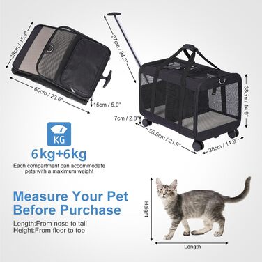 Транспортна переноска для котів та собак з подвійним відділенням, знімною перегородкою та колесами, чорна, L