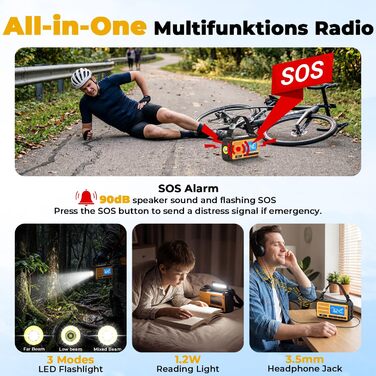 Радіоприймач Esky Kurbelradio з сонячною батареєю, 10000mAh, AM/FM, USB-зарядка, LED-ліхтарик, SOS-сигнал, компас, для кемпінгу та надзвичайних ситуацій, жовтий