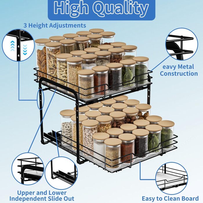 AIRUJIA Pull-Out Spice Rack, 2-Tier Dish Cabinet Organizer, Spice Rack Cabinet, Spice Rack, Lift-Up Sink Shelf, Spice Organizer for Kitchen, L26.4*W23.2*H23CM (L27.2*W29.3*H24 - 2 Tiers)