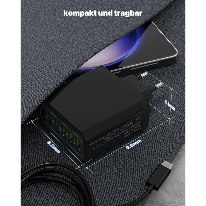 Зарядний пристрій USB 2 шт, 6 портів 33W QC 3.0 + USB 3.1A, мережевий адаптер для iPhone 16/15/14/13/12/11 Pro Max SE XR XS, iPad Pro, Samsung, смартфонів - Чорний