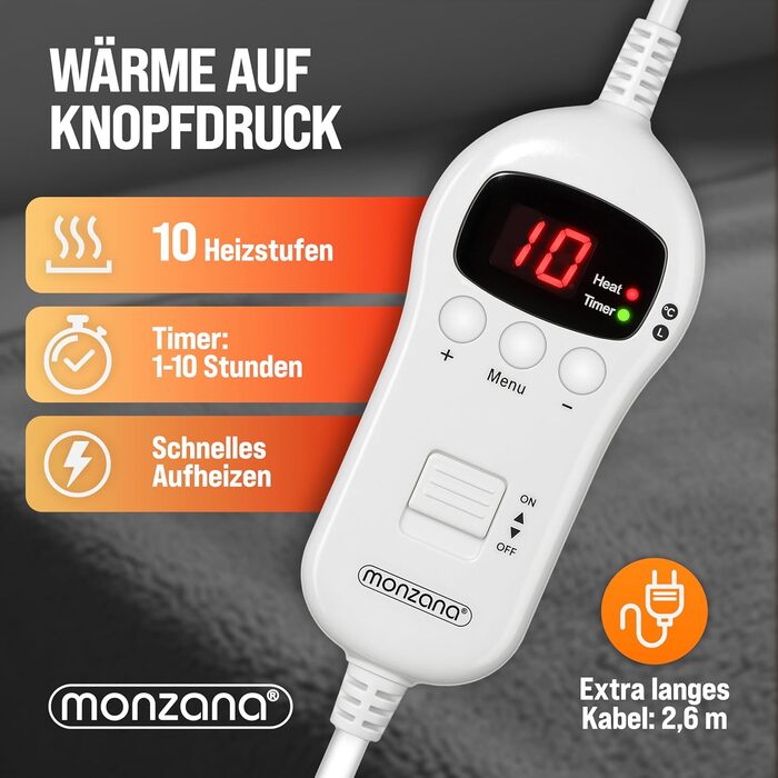 Електрична ковдра Monzana® 180x130 см, 120 Вт, 10 режимів нагріву, таймер, захист від перегріву, пральна, тепла флісова ковдра для ліжка