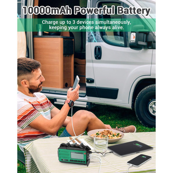 Радіо Kurbelradio з сонячною панеллю Esky, 10000mAh, AM/FM, SOS-сигнал, компас, LED-ліхтарик, живлення для смартфона, для надзвичайних ситуацій та кемпінгу, зелене