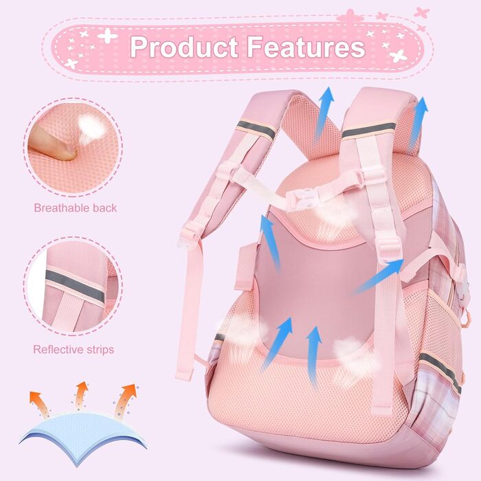 Шкільний рюкзак для дівчаток з візерунком, дихаючий та водовідштовхуючий рюкзак для 1-5 класів, Рожевий-01