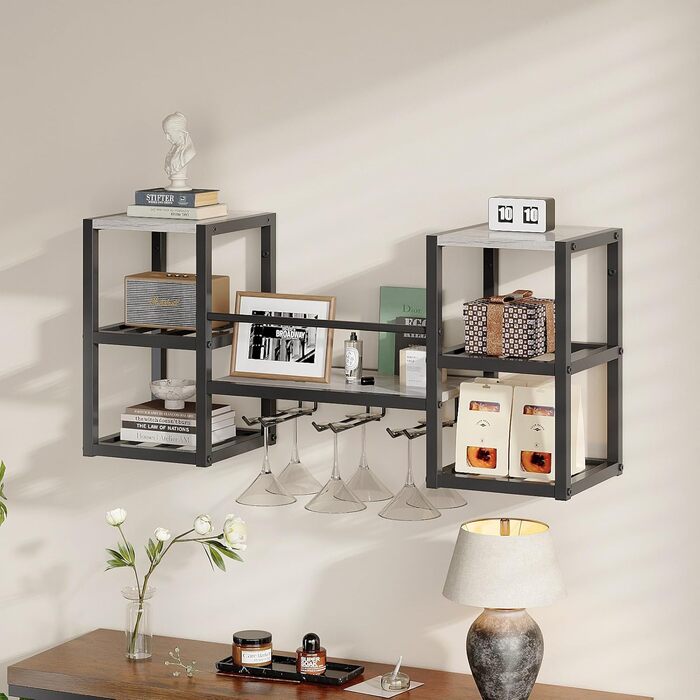 Настінна вітрина для вина VEDECASA на 3 яруси з 6 тримачами для келихів, сіра