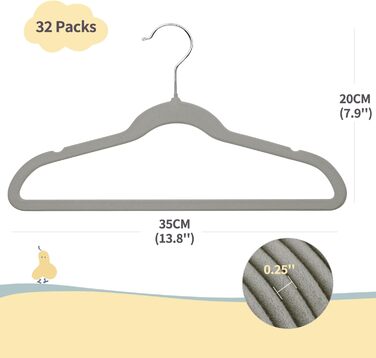 ManGotree 35cm Kids Velvet Clothes Hangers, Ultra-Thin Children's Clothes Hangers with 360° Swivel Hook, Non-Slip Felt Pads for Teens, Sturdy and Durable (32 Pack, Grey)