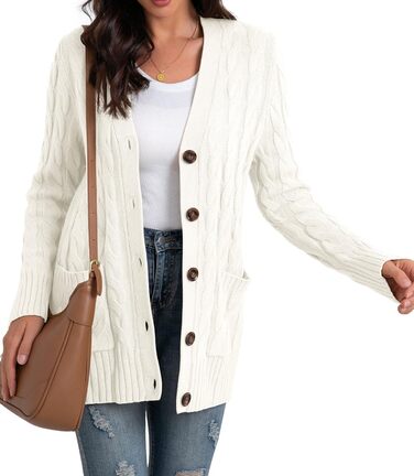 Жіночий в'язаний кардиган GRECERELLE з довгими рукавами, з кишенями та ґудзиками. Елегантний в'язаний жакет для осені/зими/весни. Розмір L, колір білий.